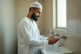 Homme effectuant les ablutions dans une salle de wudu d'une mosquée à Bezons avant la prière