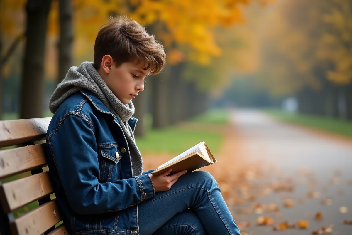 Adolescent lisant un livre dans un parc automnal