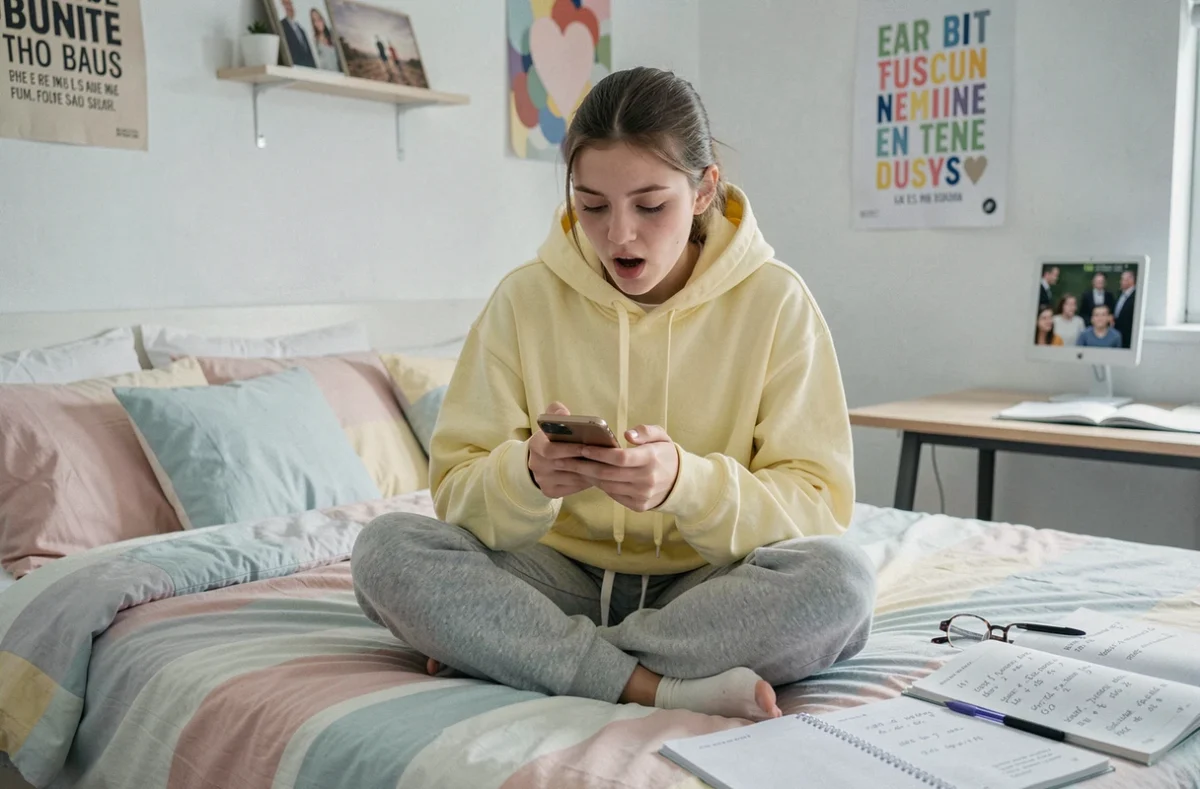Adolescente assise sur son lit consultant son téléphone et hésitant entre je t'envoi et je t'envoie lors de l'envoi d'un message