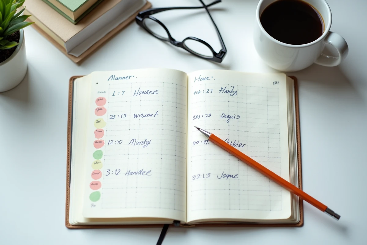 Agenda ouvert montrant un planning annuel avec calcul des semaines et heures de travail