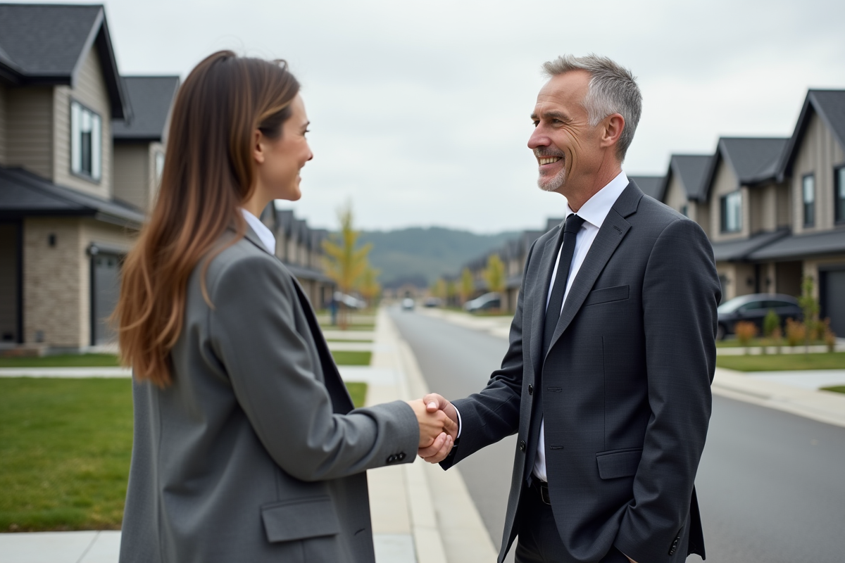 Agent immobilier serre la main d un senior devant maison