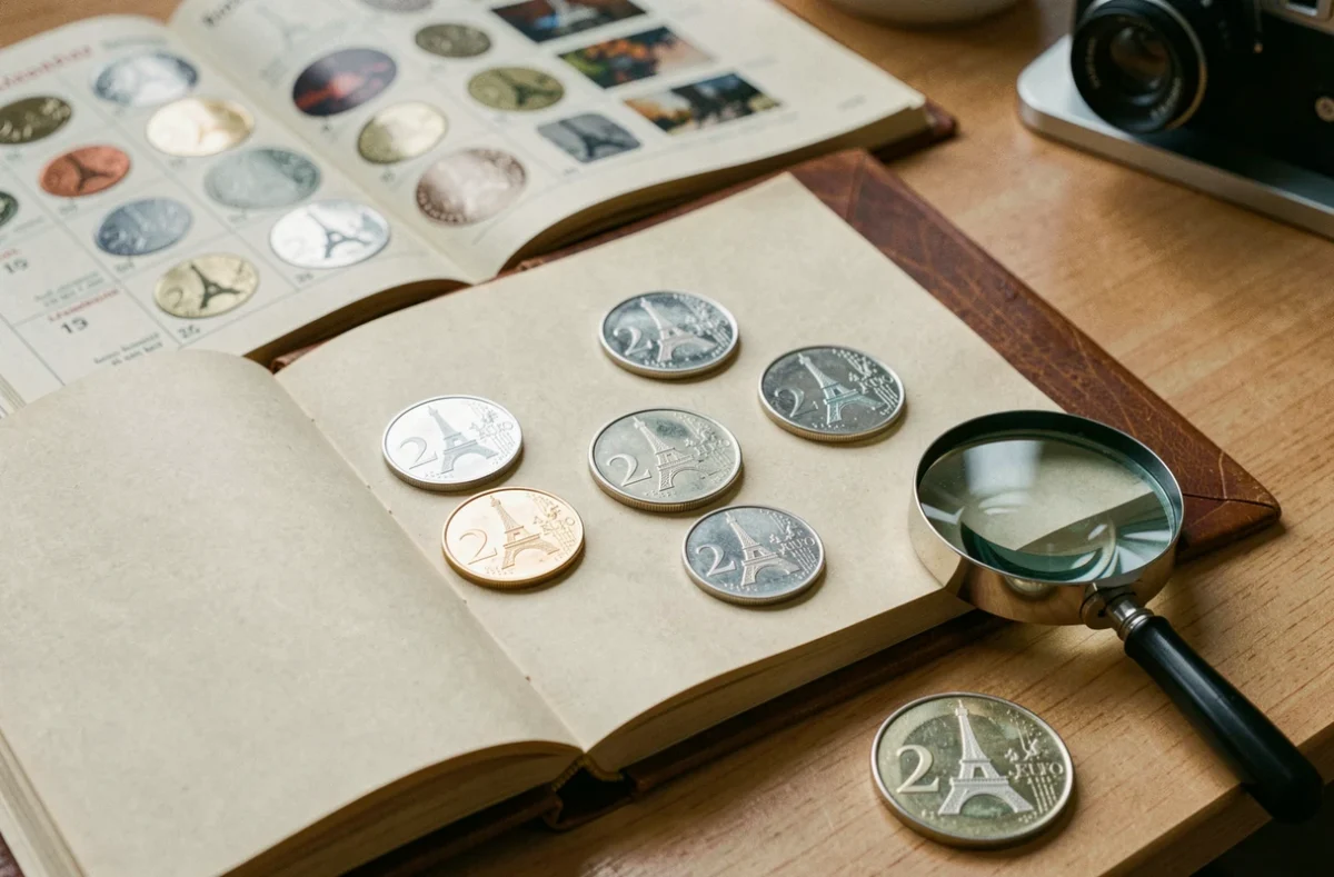 Plusieurs pièces de 2 euros commémoratives JO 2026 Tour Eiffel disposées dans un album de collection numismatique avec loupe