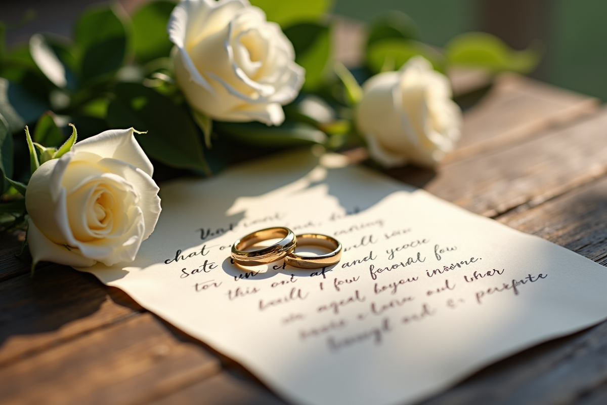 Alliances posées sur une lettre de vœux avec fleurs blanches