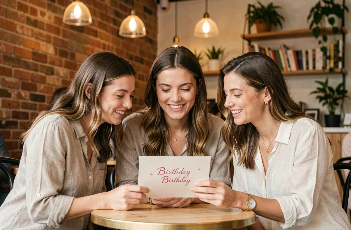 Trois amies réunies autour d'une table de café pour lire une carte d'anniversaire émouvante dans une atmosphère chaleureuse