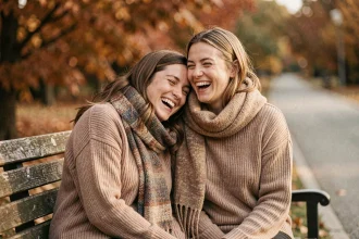 Deux amies complices riant ensemble sur un banc dans un parc en automne, illustrant une amitié sincère et touchante