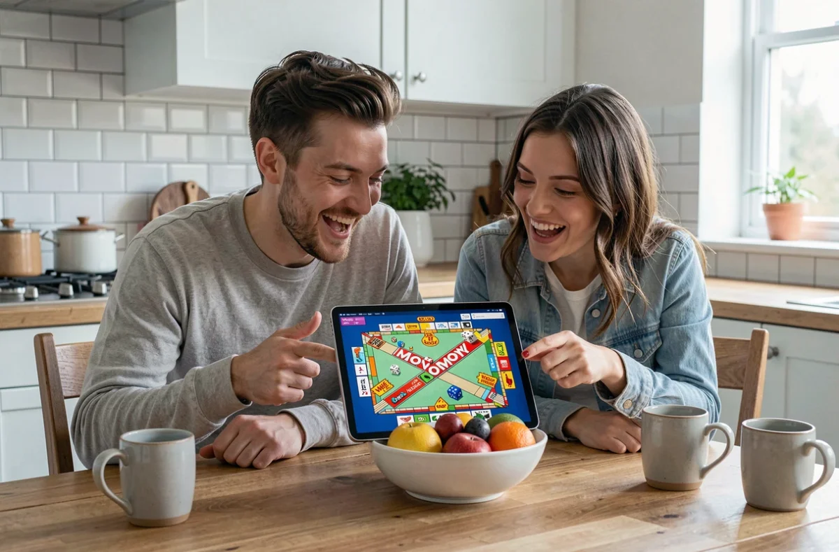 Deux amis qui combinent des dés gratuits et des bonus sur Monopoly GO ensemble autour d'une tablette dans une cuisine