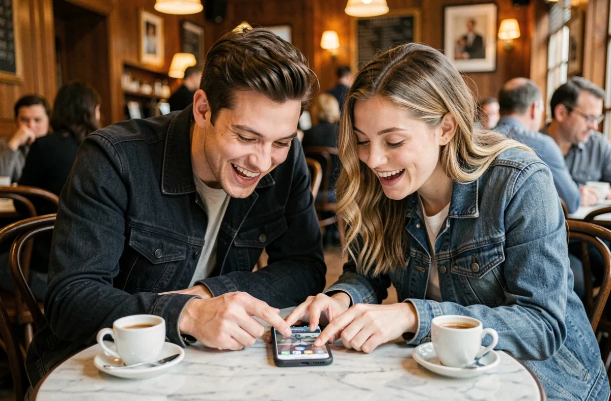 Deux amis partageant des liens de dés gratuits Monopoly GO sur un smartphone dans un café