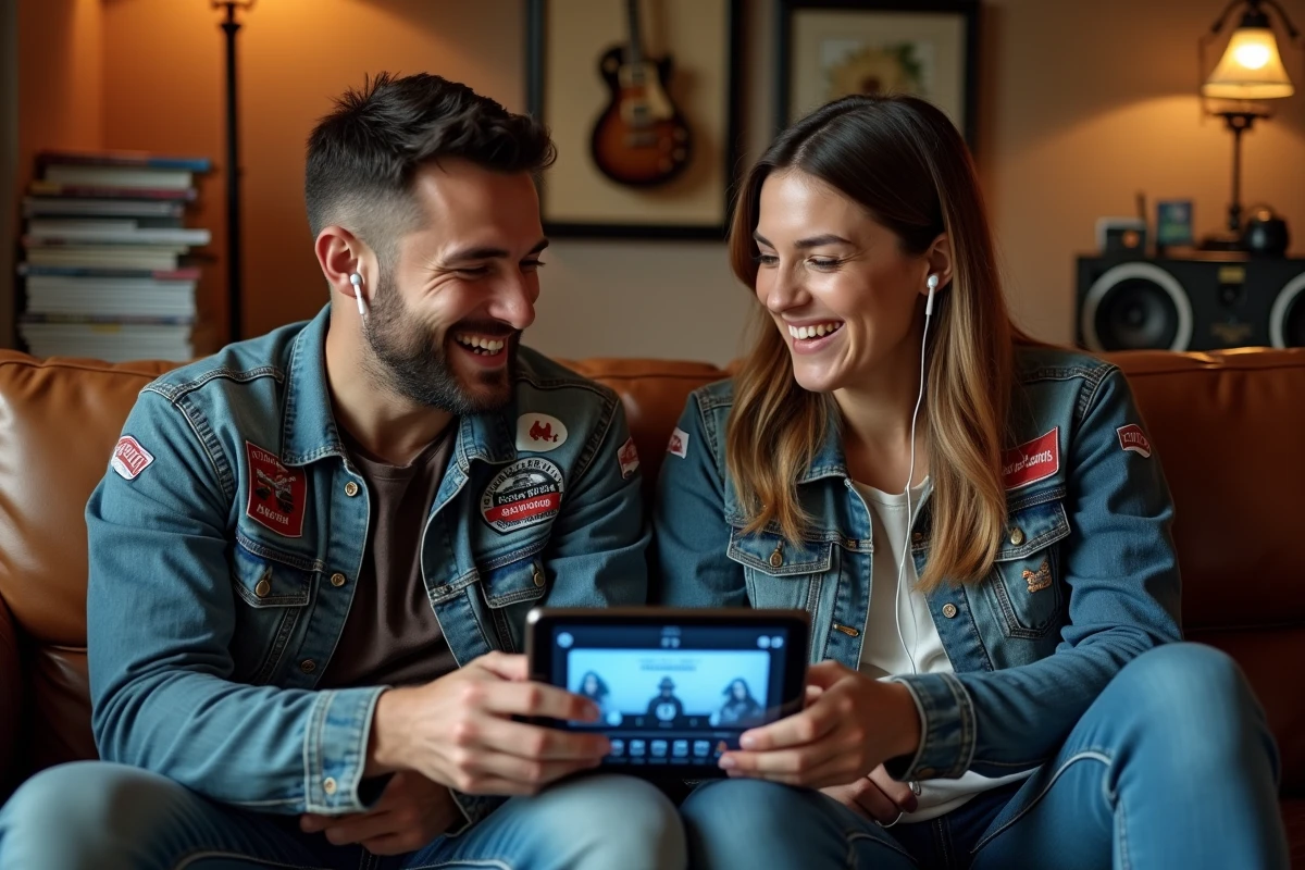 Deux amis fans de rock partageant des écouteurs pour écouter une radio rock en streaming sur tablette dans un salon musical