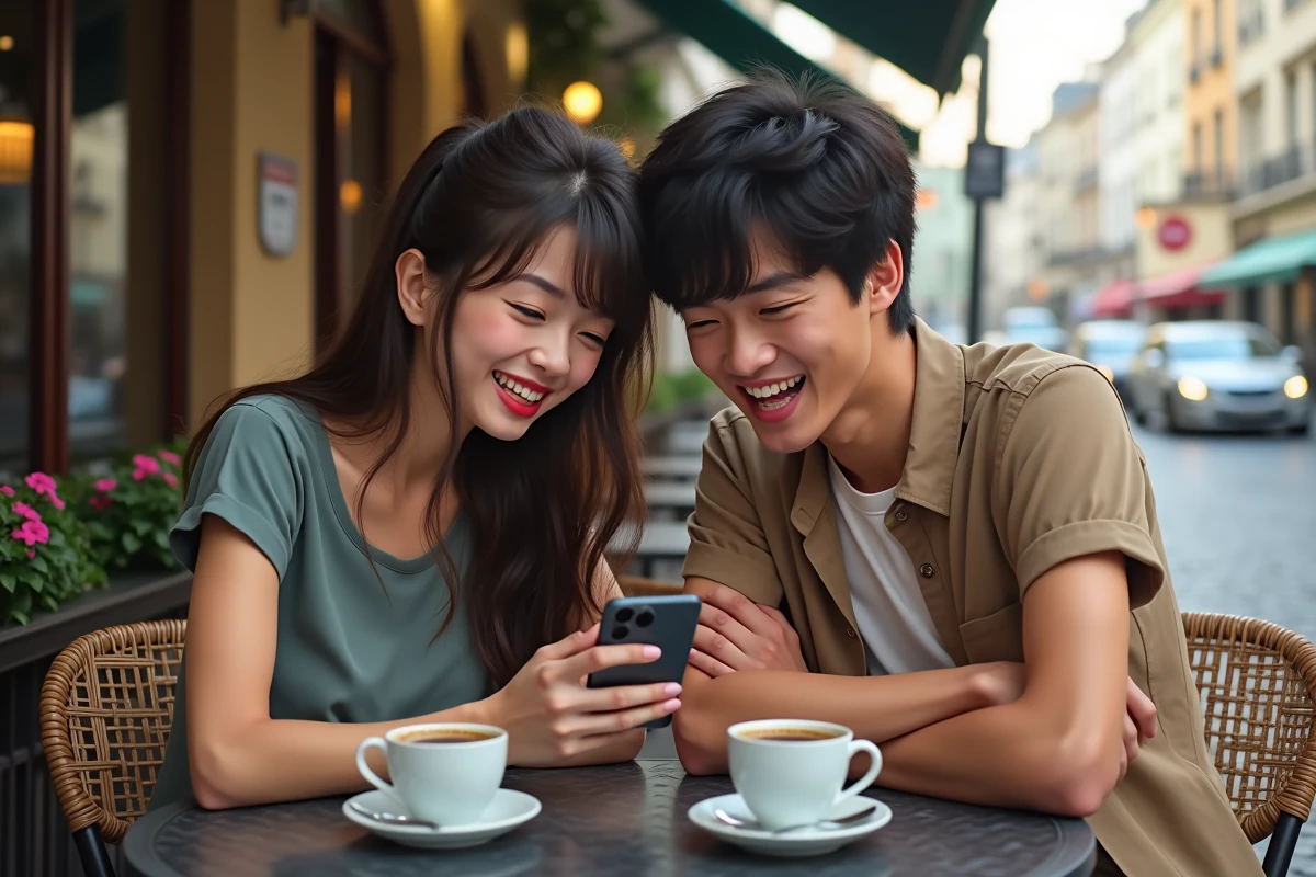 Deux amis regardant un anime ensemble sur smartphone en terrasse de café grâce à Adkimi