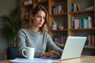 Femme analysant des avis utilisateurs sur une plateforme en ligne depuis son bureau à domicile