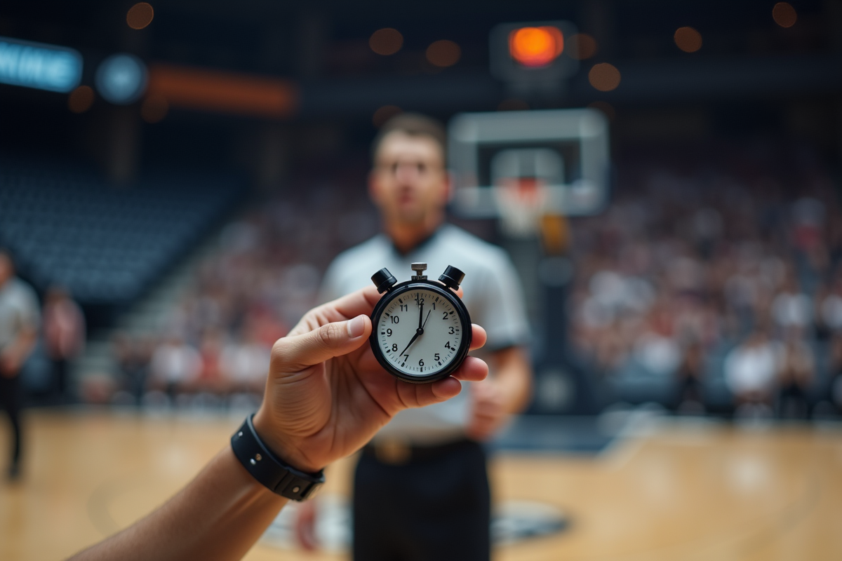Arbitre tenant un chronomètre lors d’un match de basket