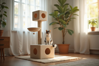 Arbre à chat beige dans un salon lumineux avec un chat curieux
