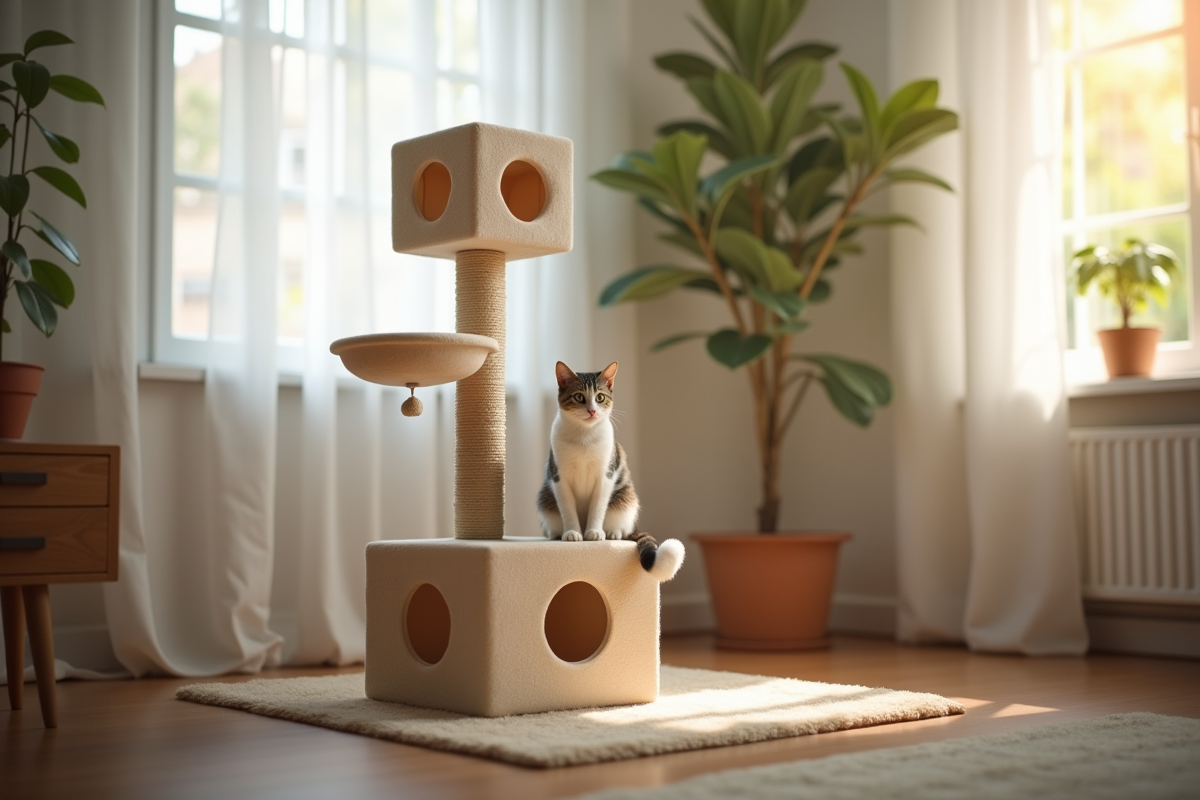 Arbre à chat beige dans un salon lumineux avec un chat curieux