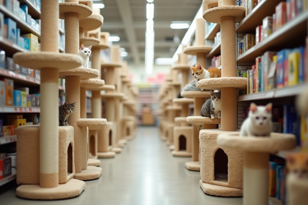 Plusieurs arbres à chat beige dans un magasin pour animaux avec chats jouant