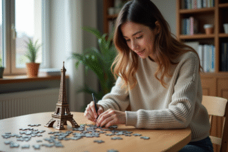 Jeune femme assemble un puzzle de la tour Eiffel dans un intérieur lumineux