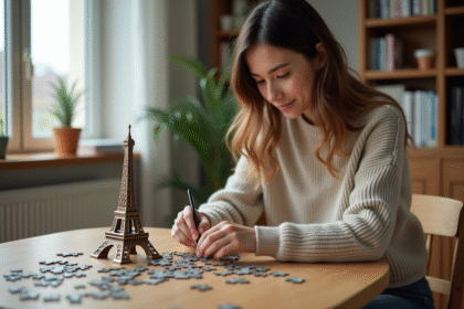 Jeune femme assemble un puzzle de la tour Eiffel dans un intérieur lumineux