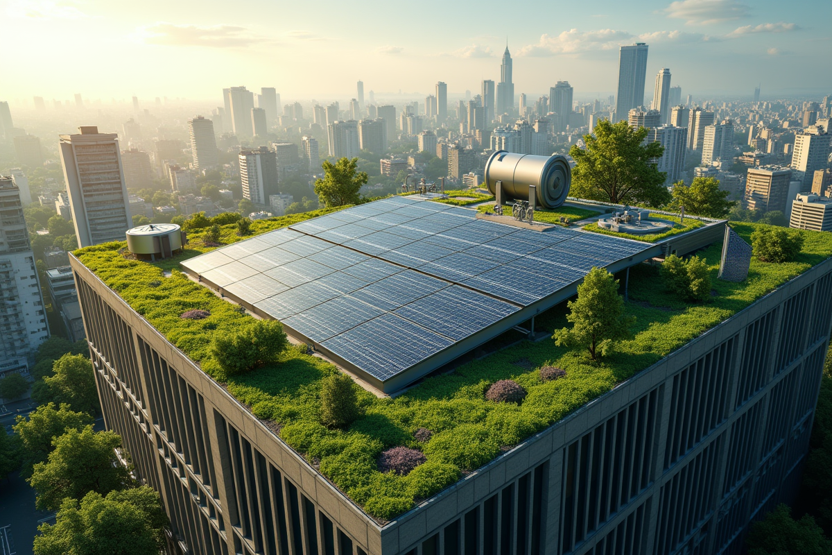 Bâtiment urbain avec toit végétal et panneaux solaires modernes