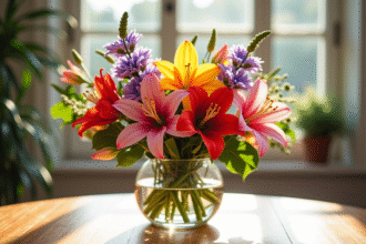 Bouquet coloré de fleurs Nerine Nigella et Nymphea sur table ensoleillée