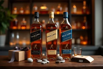 Bouteilles Johnnie Walker Black Label, Gold Label et Blue Label disposées en cadeau sur une surface en bois de noyer avec ruban et étiquette kraft