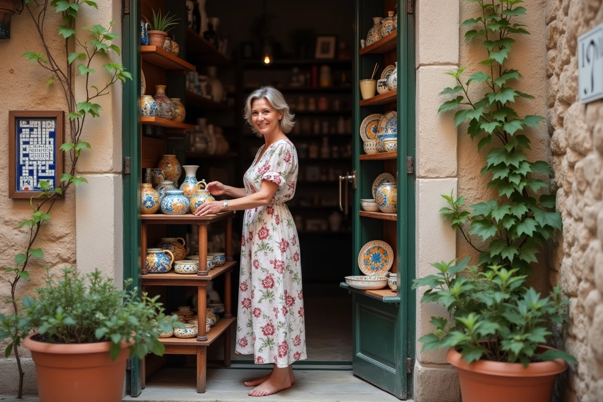 Femme italienne dans une boutique de céramiques artisanales avec carreaux peints à la main dans une ruelle pittoresque