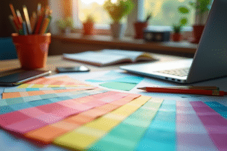 Bureau moderne avec couleurs vives et ordinateur ouvert