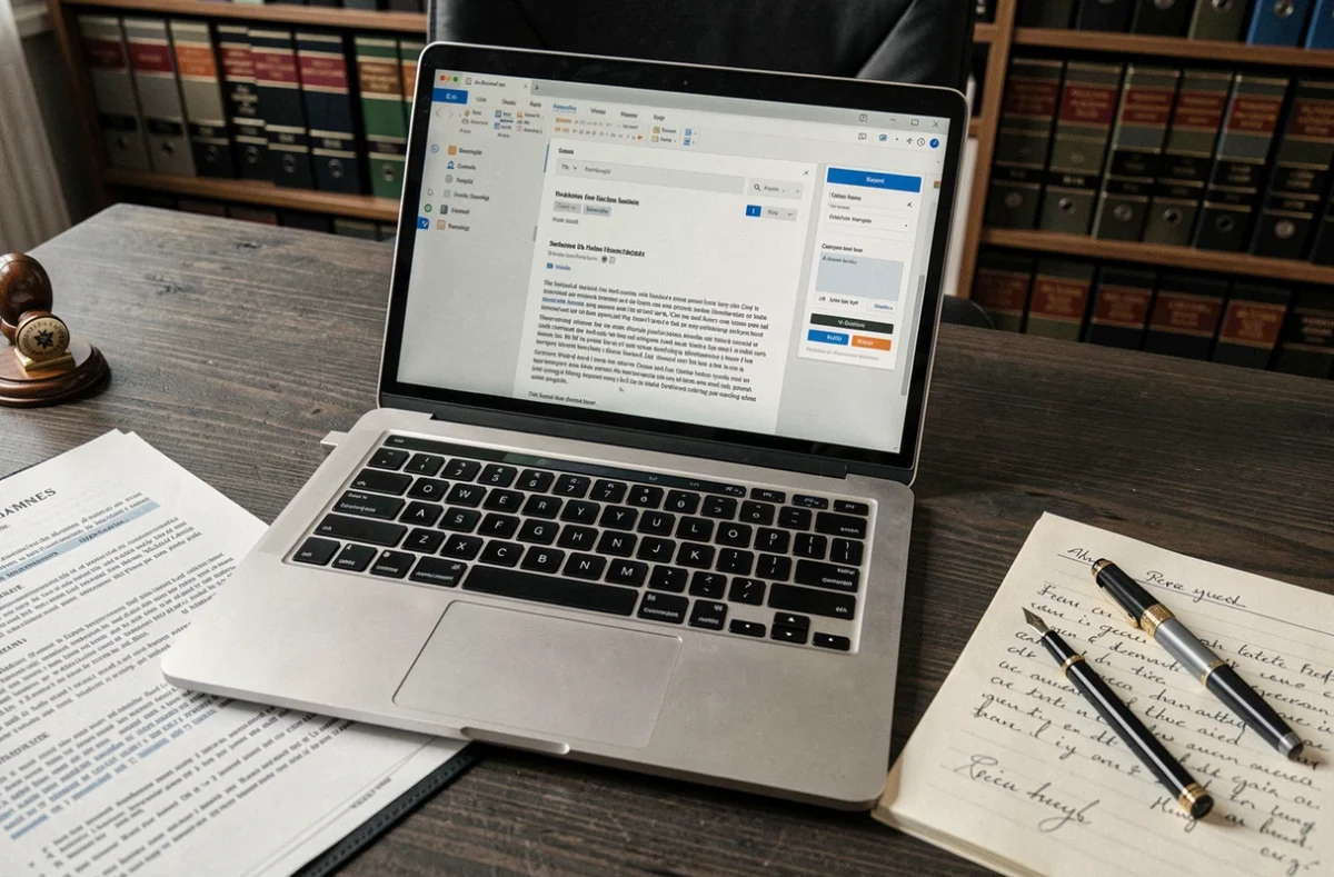 Gros plan d'un bureau de notaire avec un email formel en cours de rédaction, un stylo plume et des documents juridiques