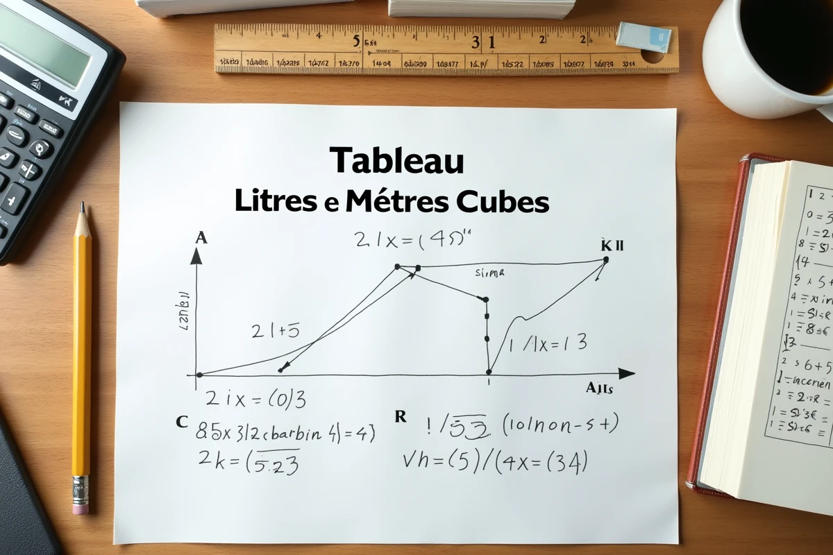Vue de dessus d'un bureau étudiant avec tableau de conversion litres mètres cubes, calculatrice et cahier d'exercices de volume
