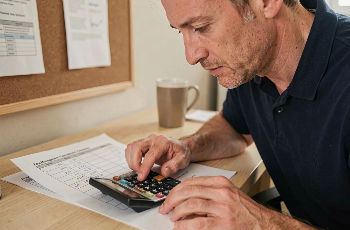 Homme utilisant une calculatrice pour convertir des centièmes d'heure en décimal sur une feuille imprimée dans un bureau à domicile