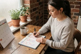 Femme consultant un calendrier et marquant les semaines paires et impaires dans un agenda papier à la table de cuisine
