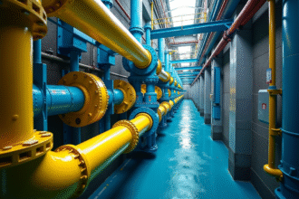 Grande installation hydroélectrique souterraine avec tuyaux jaunes et bleus