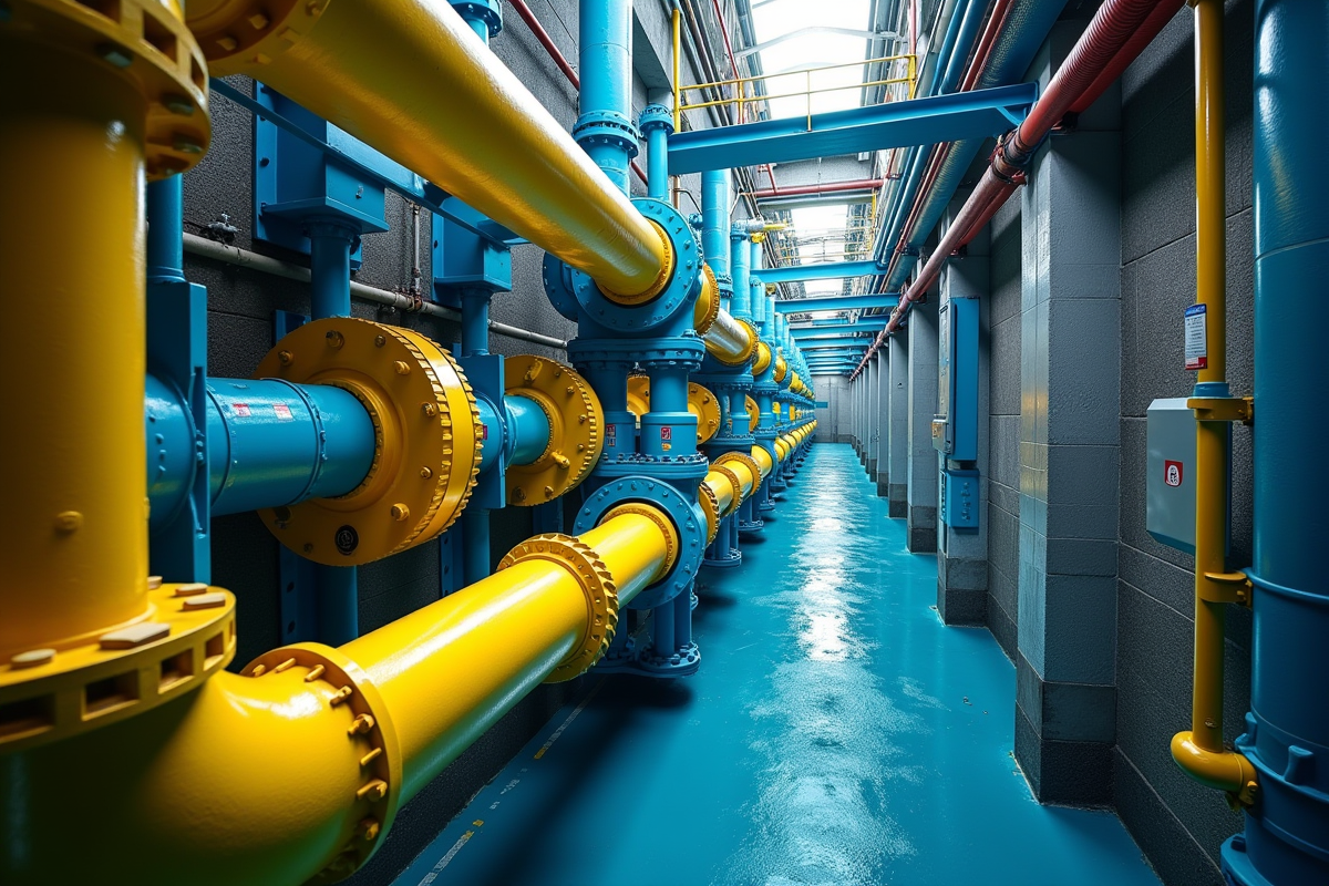 Grande installation hydroélectrique souterraine avec tuyaux jaunes et bleus