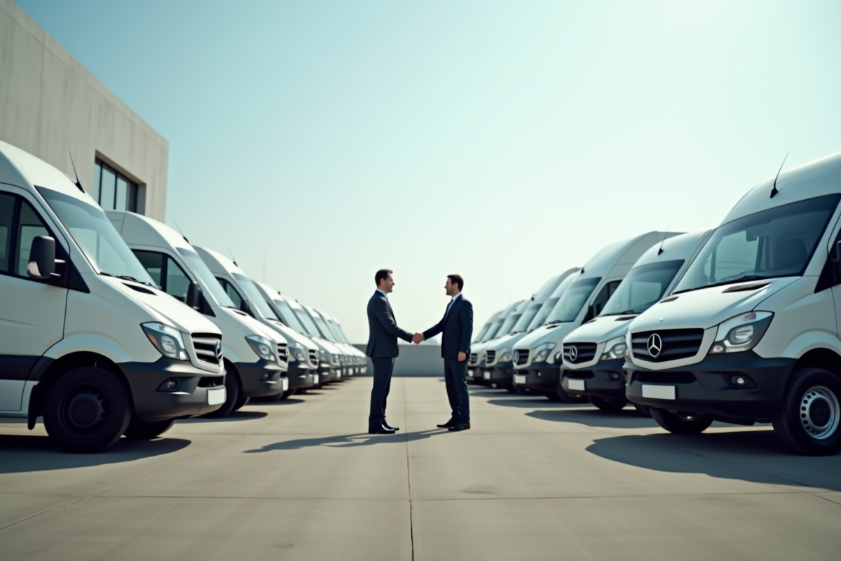 Deux professionnels se serrant la main devant des vans d