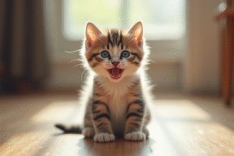 Petit chaton aux yeux bleus assis sur le sol en lumière naturelle