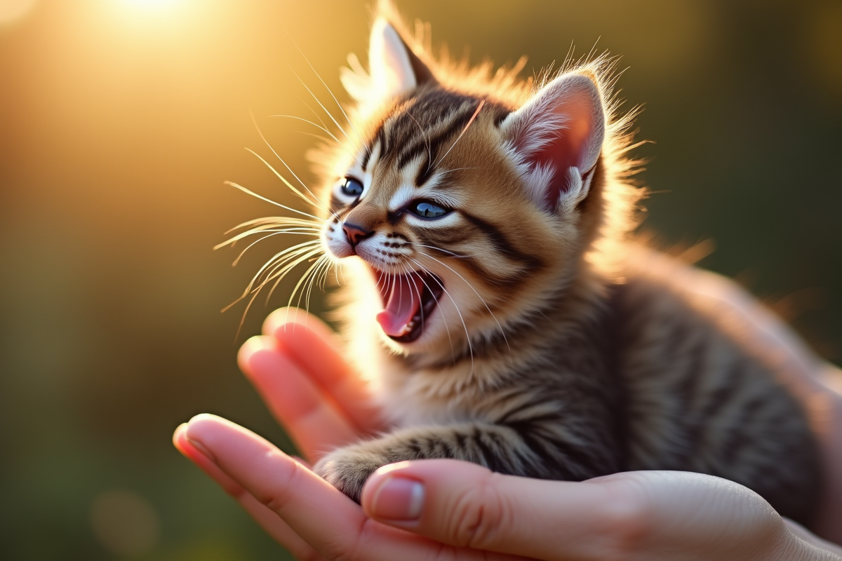 Chaton tacheté en gros plan dans une main humaine sous lumière dorée