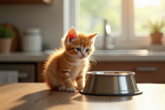 Chaton orange assis près d'une gamelle en cuisine lumineuse