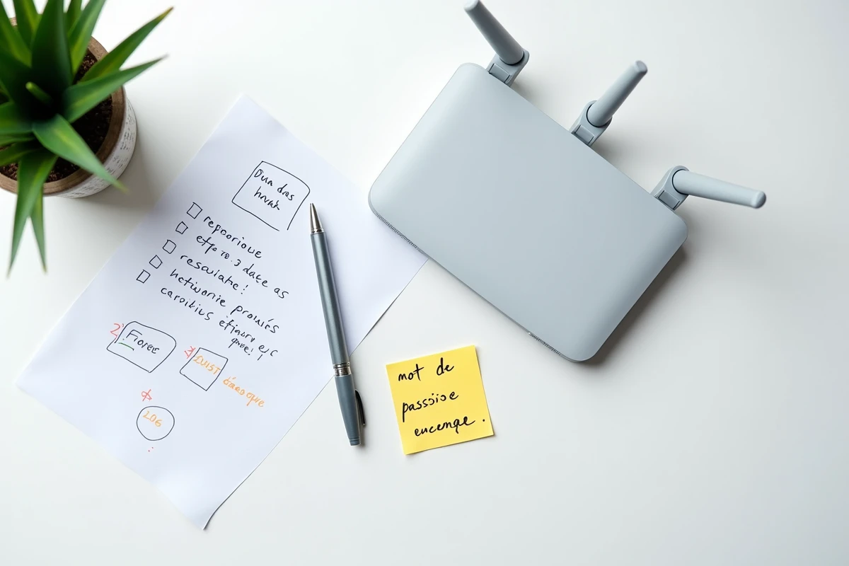 Vue de dessus d'un routeur WiFi entouré d'une checklist de sécurité réseau annotée à la main sur un bureau