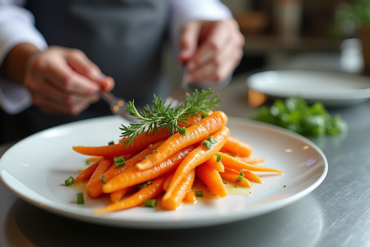 Chef décorant des carottes vichy avec des herbes fraîches