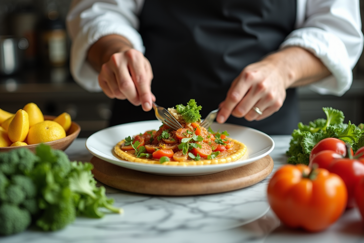 Chef préparant un plat international avec ingrédients exotiques