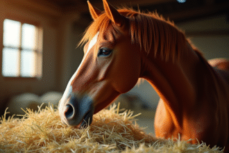 Cheval bai mangeant du foin dans une stalle ensoleillee