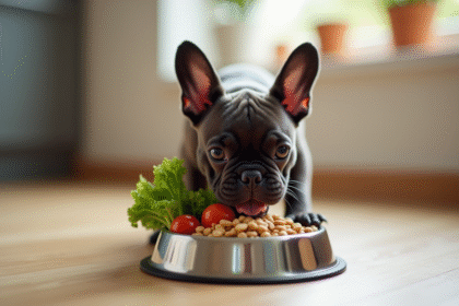 Chiot bulldog français mangeant dans une cuisine lumineuse