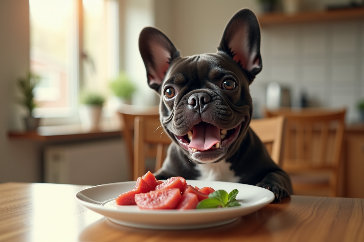 Chiot bulldog français assis à table avec repas sain
