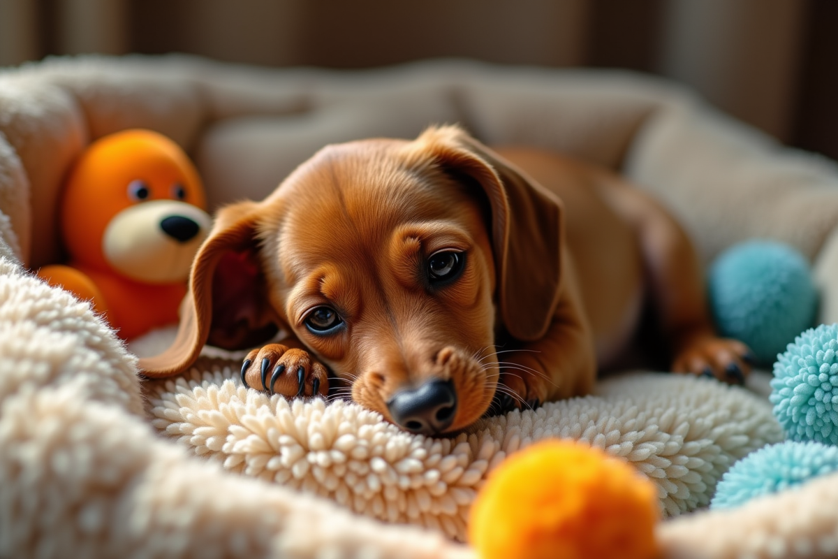Petit chiot dachshund reposant dans un lit confortable