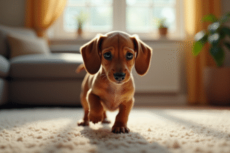 Jeune chiot dachshund explorant un salon cosy