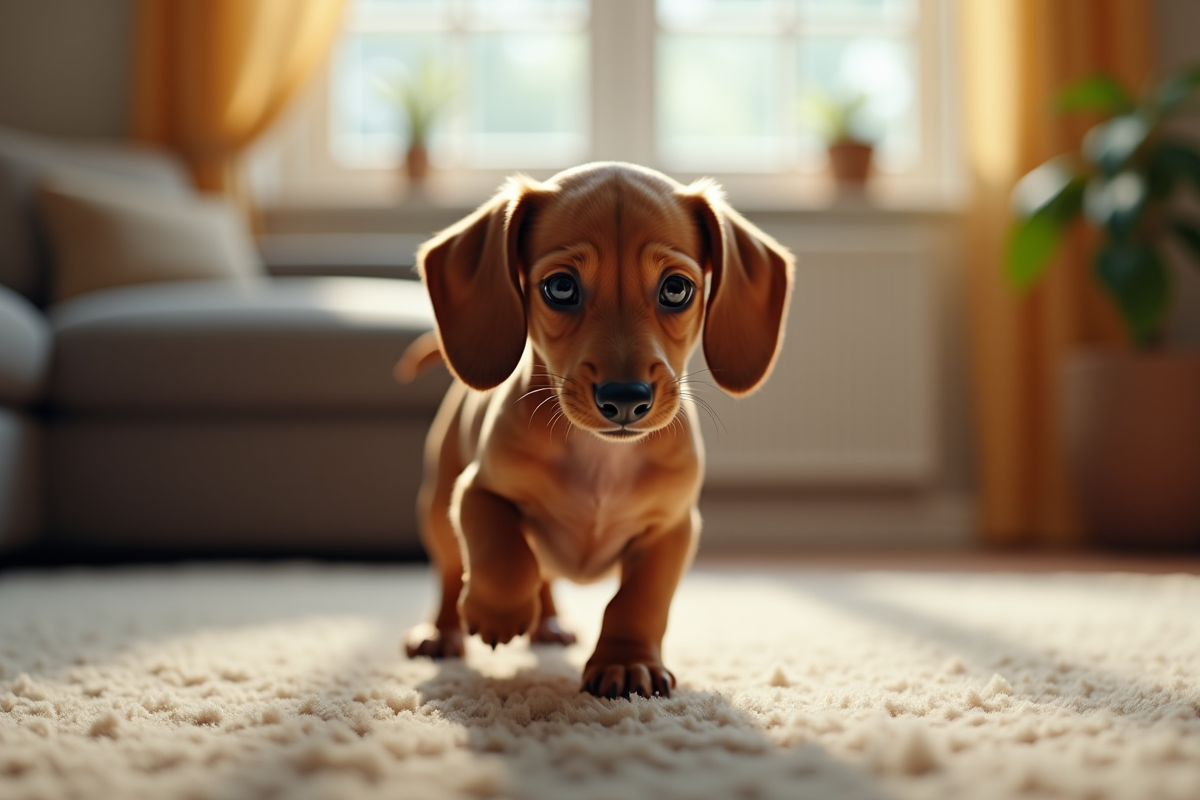 Jeune chiot dachshund explorant un salon cosy