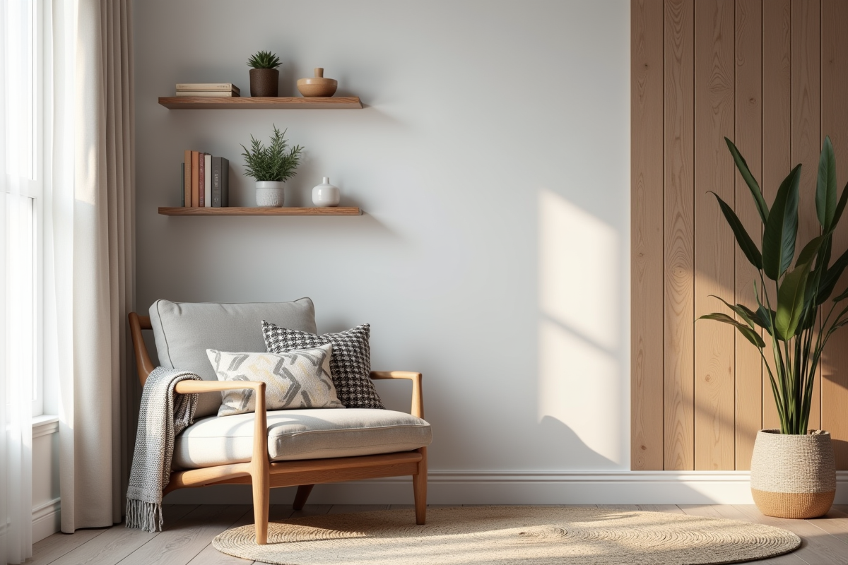 Coin salon scandinave avec fauteuil et decor nordique