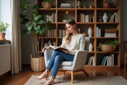 Femme lisant dans un coin lecture cosy avec étagères et décorations