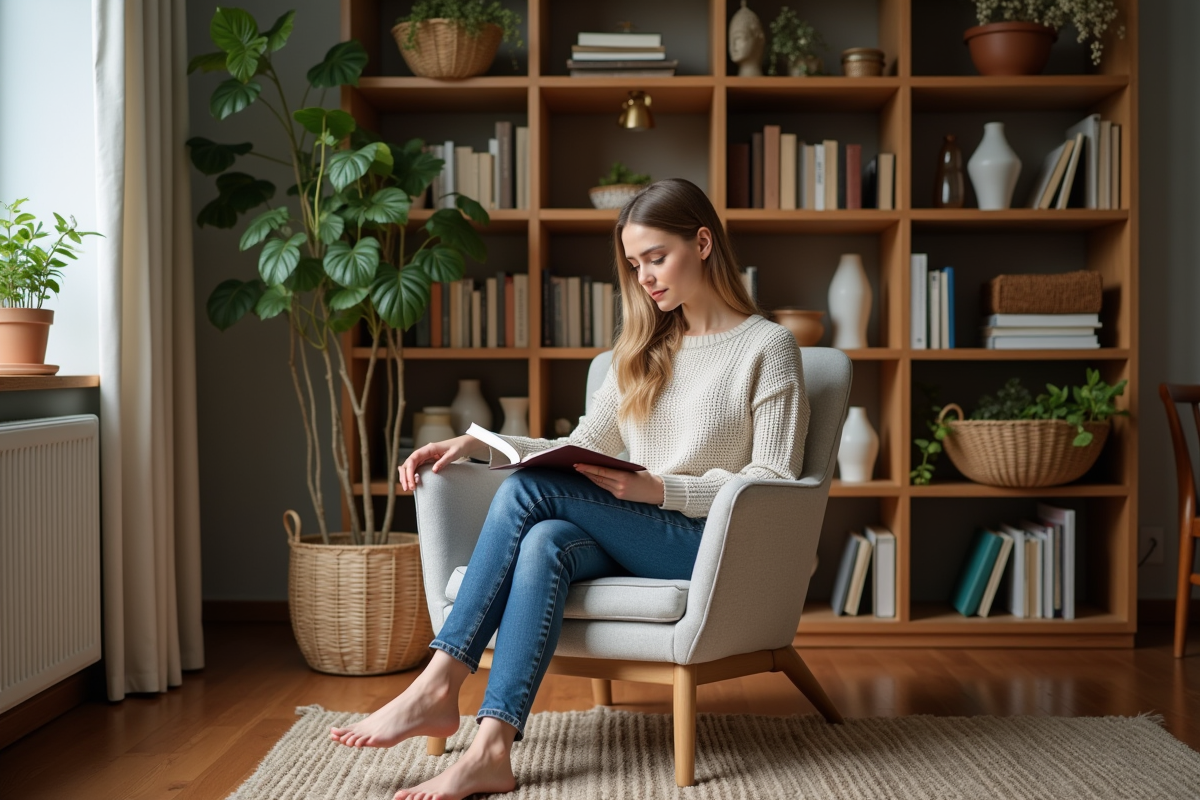 Femme lisant dans un coin lecture cosy avec étagères et décorations
