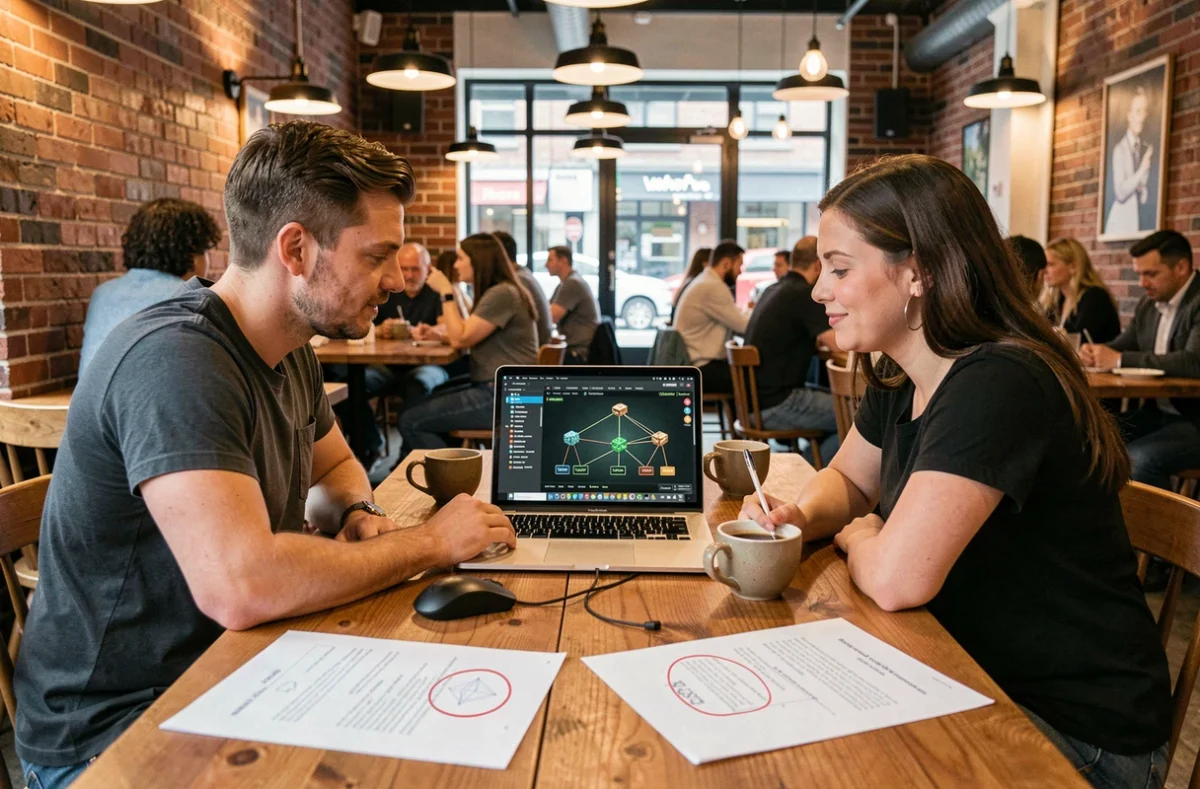 Deux joueurs collaborant dans un café autour d'un ordinateur portable affichant un arbre de progression et des ressources de craft pour un MMORPG
