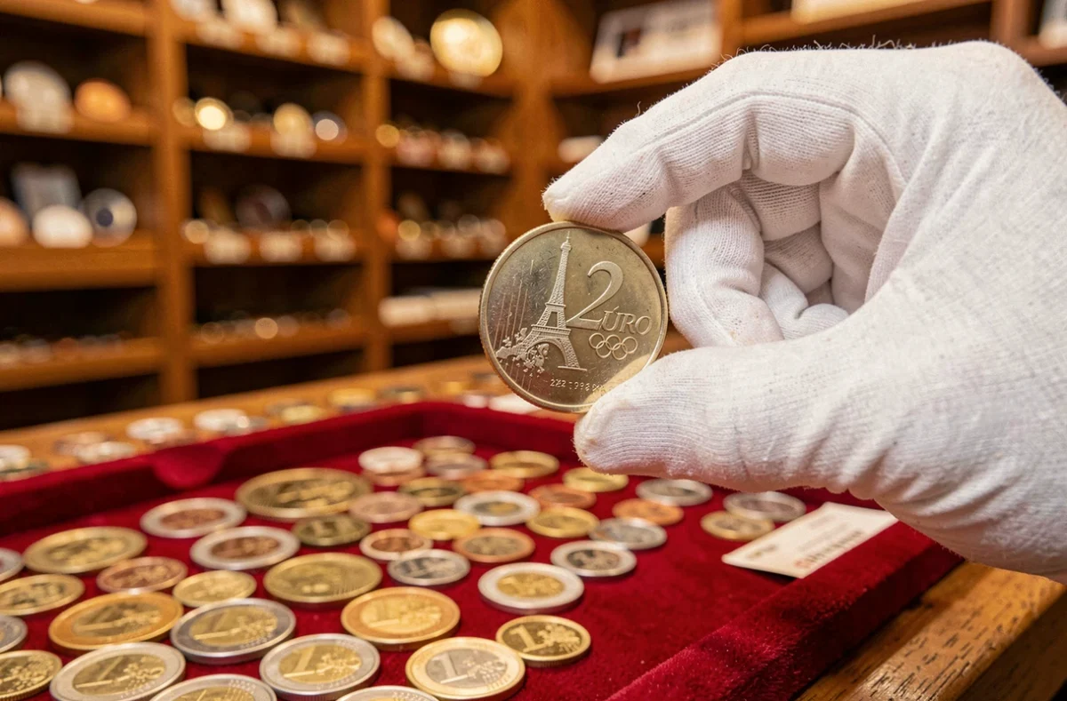 Collectionneur tenant une pièce de 2 euros JO 2026 Tour Eiffel avec des gants blancs dans une boutique numismatique