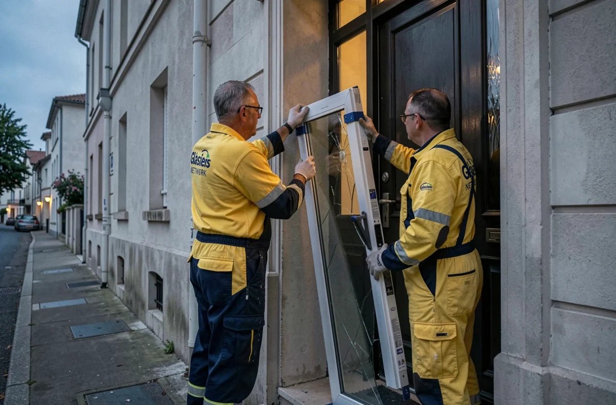 Deux vitriers des Compagnons Vitriers SPV intervenant en dépannage agréé sur une porte d'entrée en Moselle